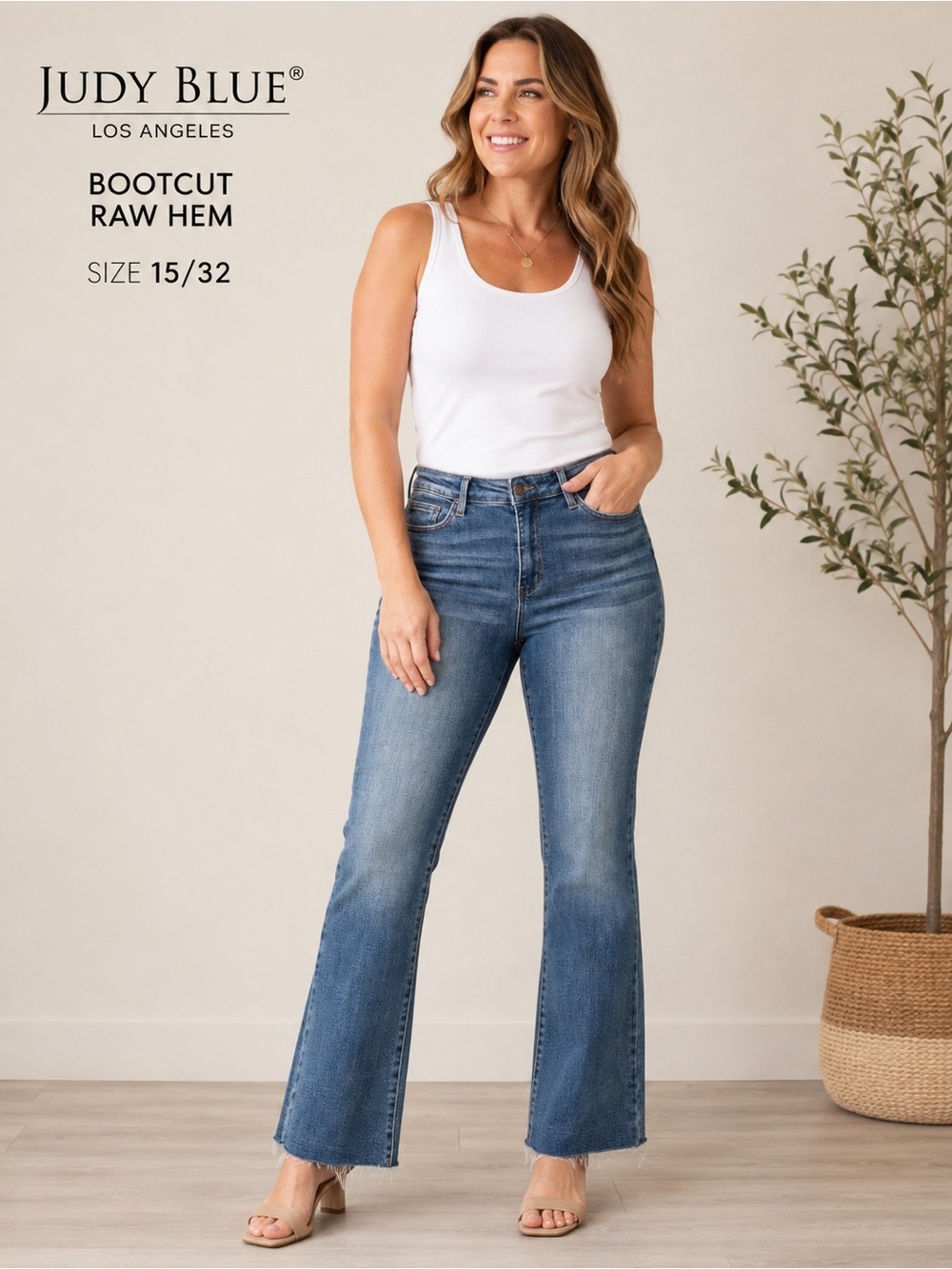 Judy Blue Women's Medium Blue Bootcut Jeans with Raw Hem